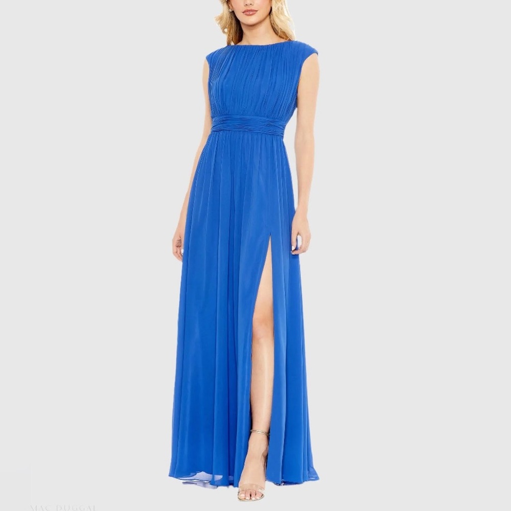 NWT Mac Duggal Blue Pleated Cap Sleeve A-line Gown 55863 Size 16